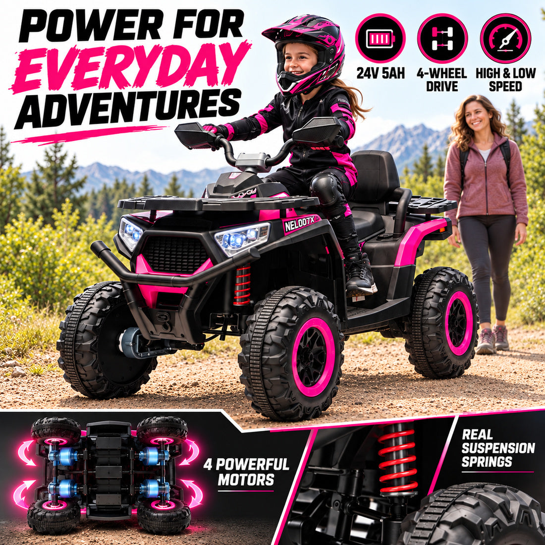 NEL007X ride-on ATV in Pink – battery, motors, suspension and control features