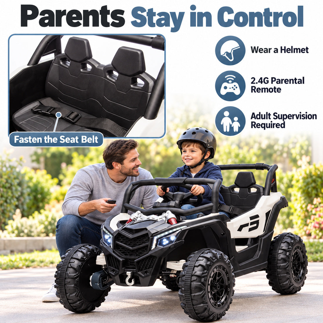 NEL-901A ride-on UTV in Grey White – safety features in use