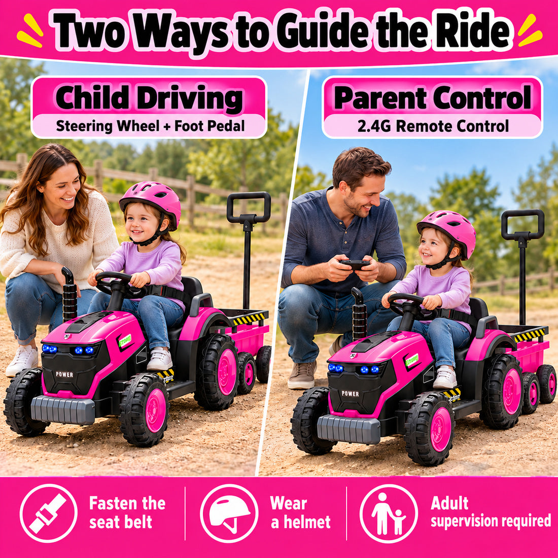 FB319 ride-on tractor in Rose – two driving modes and safety features