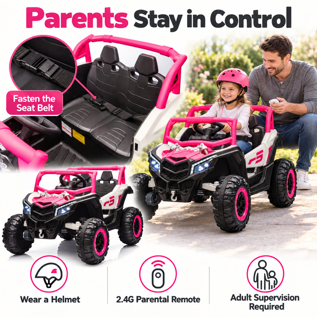 NEL-901A ride-on UTV in Pink – parent remote control, seat belt and adult supervision