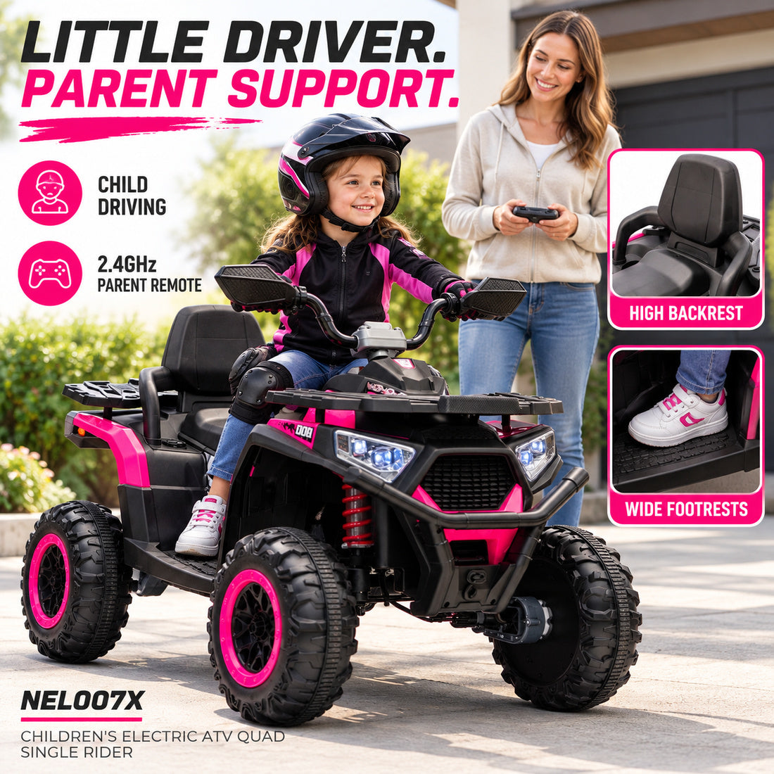 NEL007X ride-on ATV in Pink – child driving, parent remote, backrest and footrests