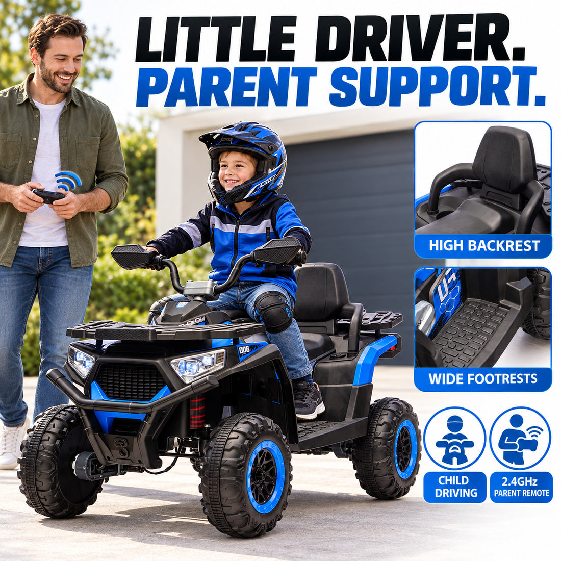 NEL007X ride-on ATV in Blue – child driving, parent remote, backrest and footrests
