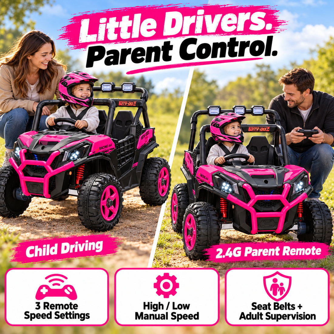 BBH027 ride-on UTV in Pink – driving modes and parent remote