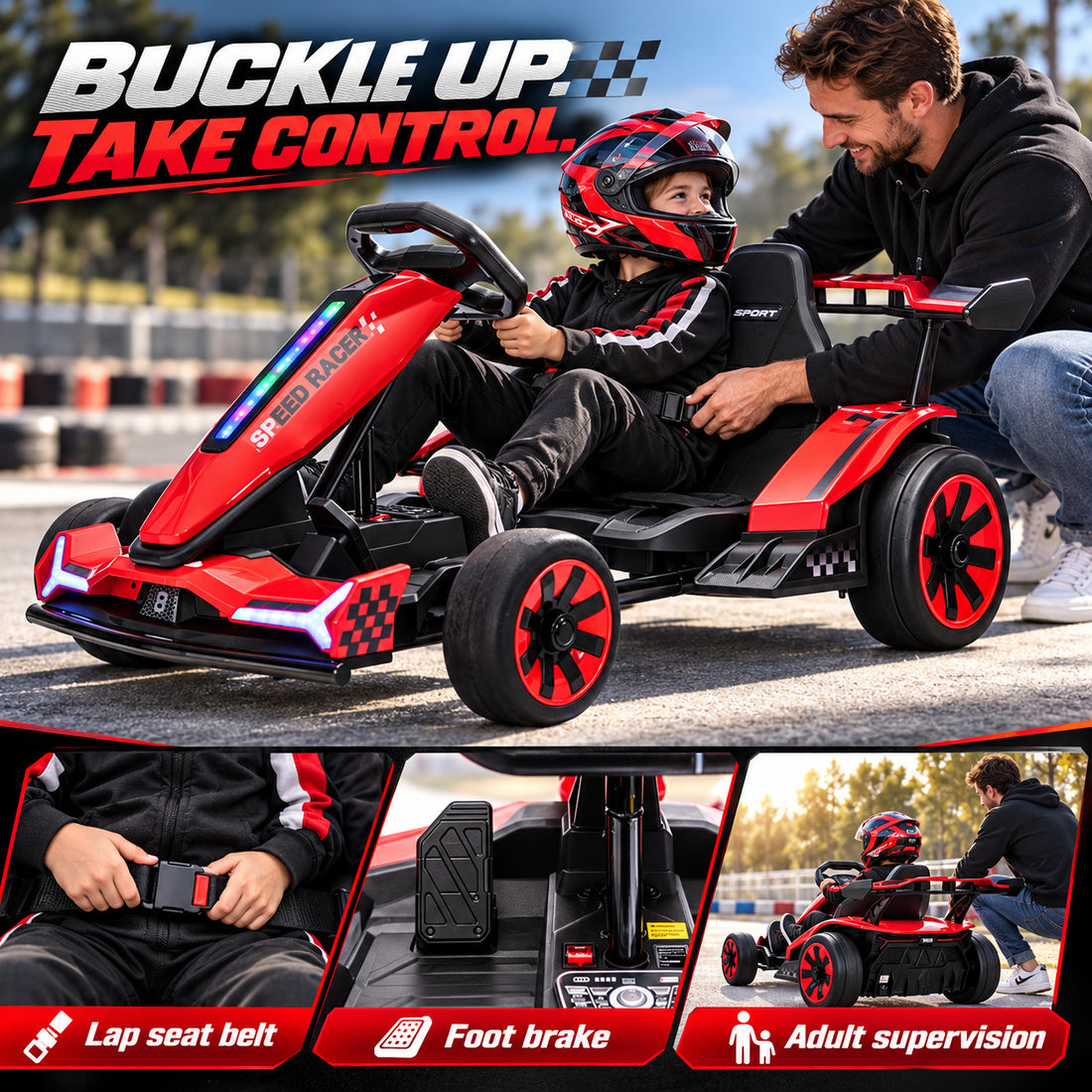 TR2601 drift go-kart in Red – lap seat belt, foot brake and adult supervision