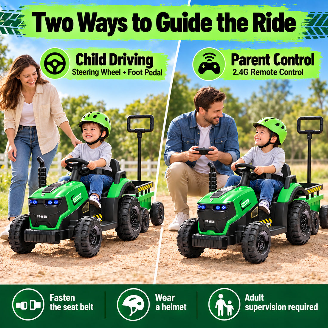 FB319 ride-on tractor in Green – two driving modes and safety features