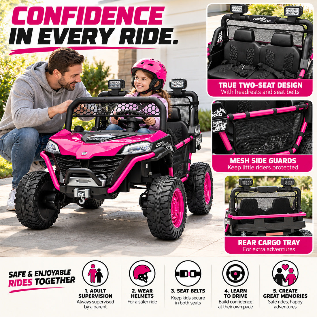 BDQ1218 ride-on UTV in Rose – two-seat design, mesh side guards and safety features