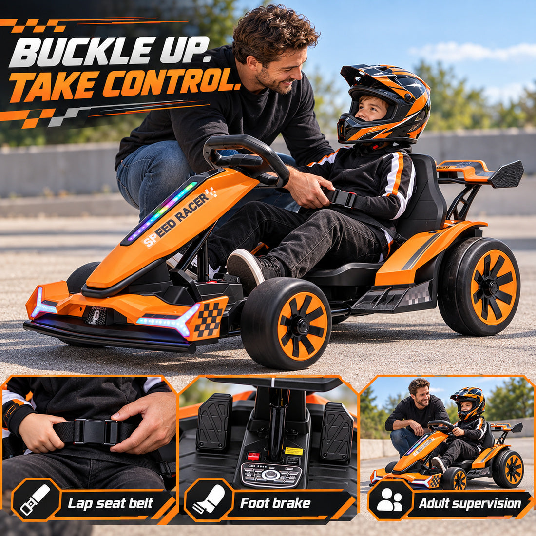 TR2601 drift go-kart in Orange – lap seat belt, foot brake and adult supervision