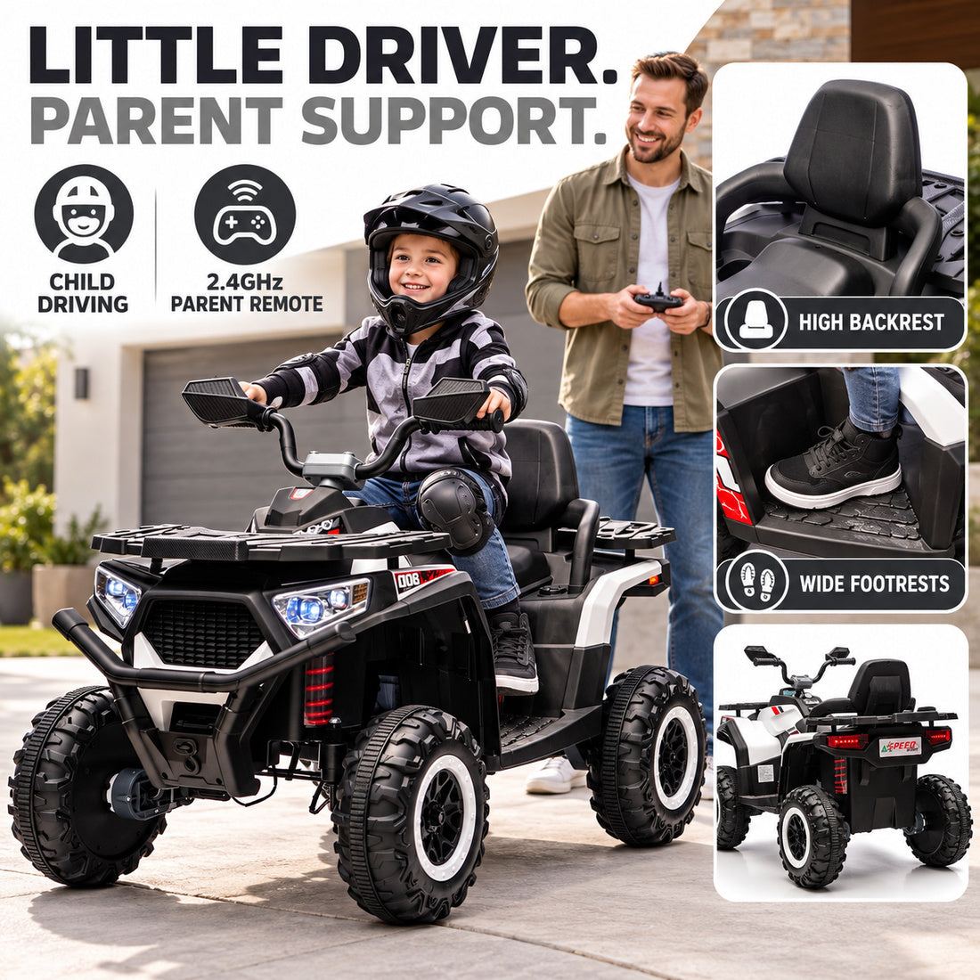 NEL007X ride-on ATV in Black – child driving, parent remote, backrest and footrests