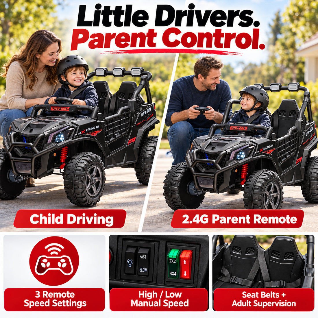 BBH027 ride-on UTV in Black – driving modes and parent remote