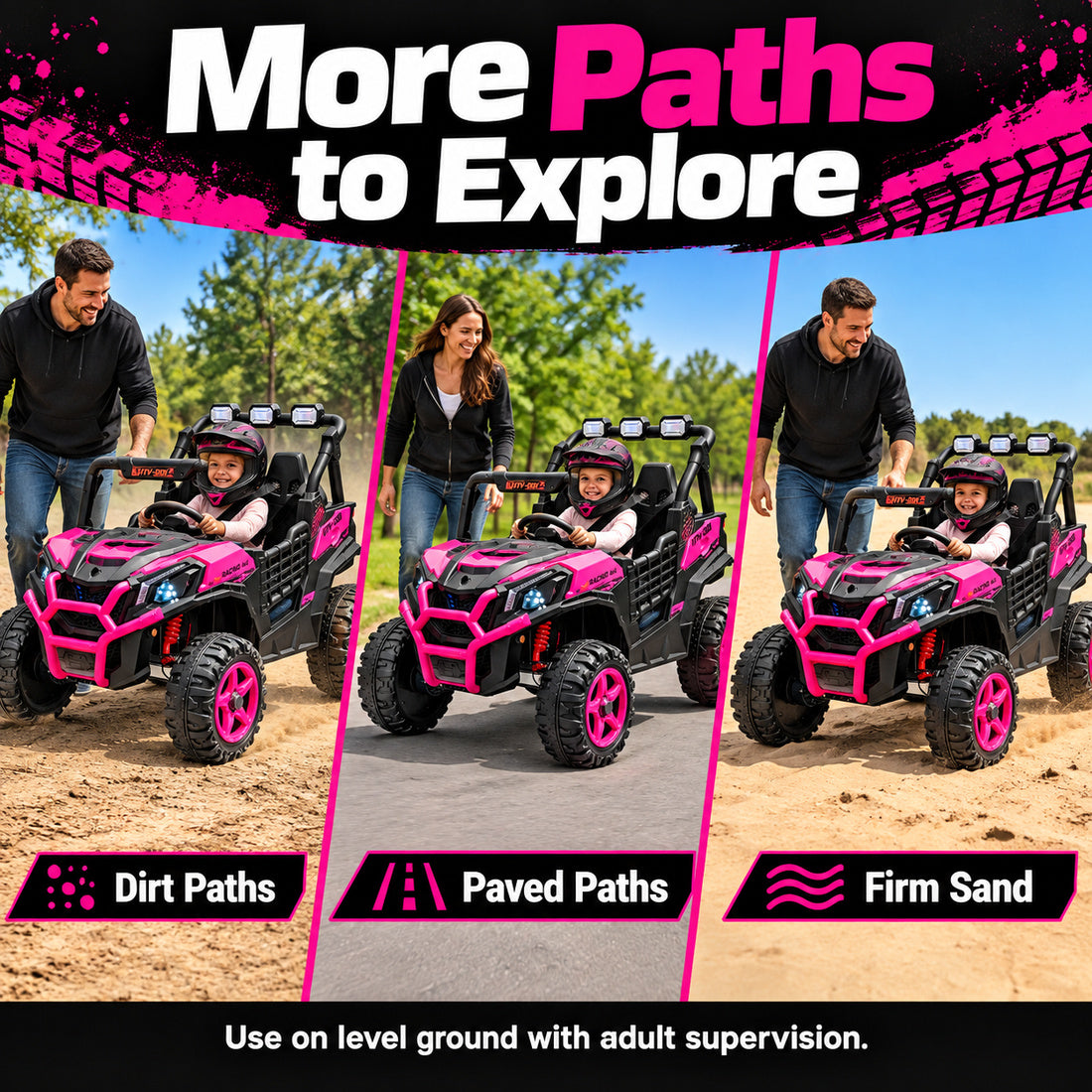 BBH027 ride-on UTV in Pink – driving on different terrains