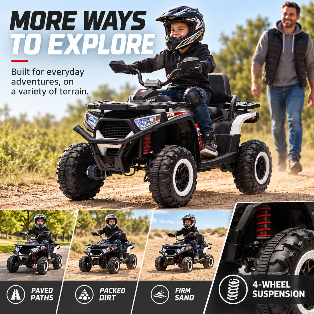 NEL007X ride-on ATV in Black – riding on paved paths, packed dirt and firm sand
