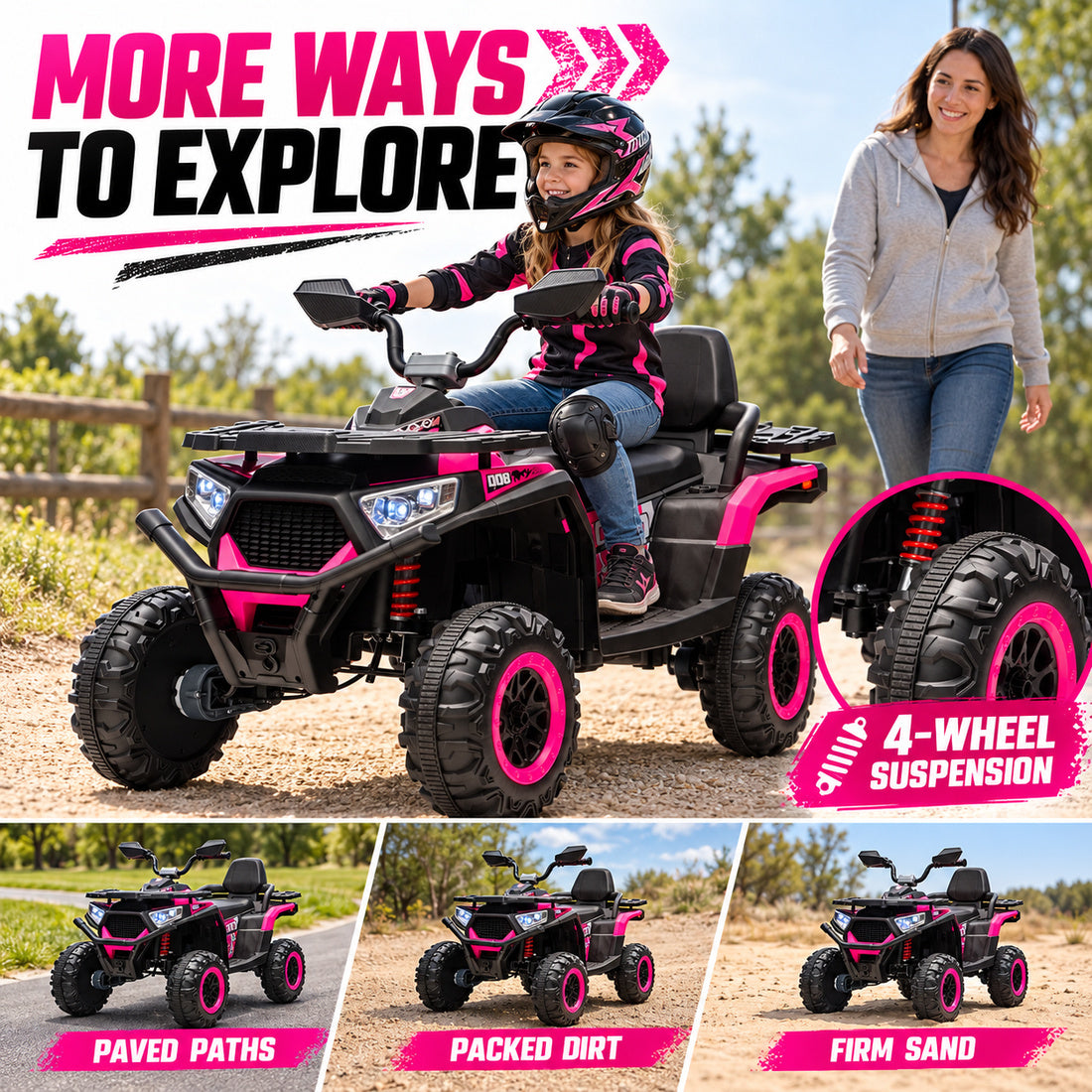 NEL007X ride-on ATV in Pink – riding on paved paths, packed dirt and firm sand