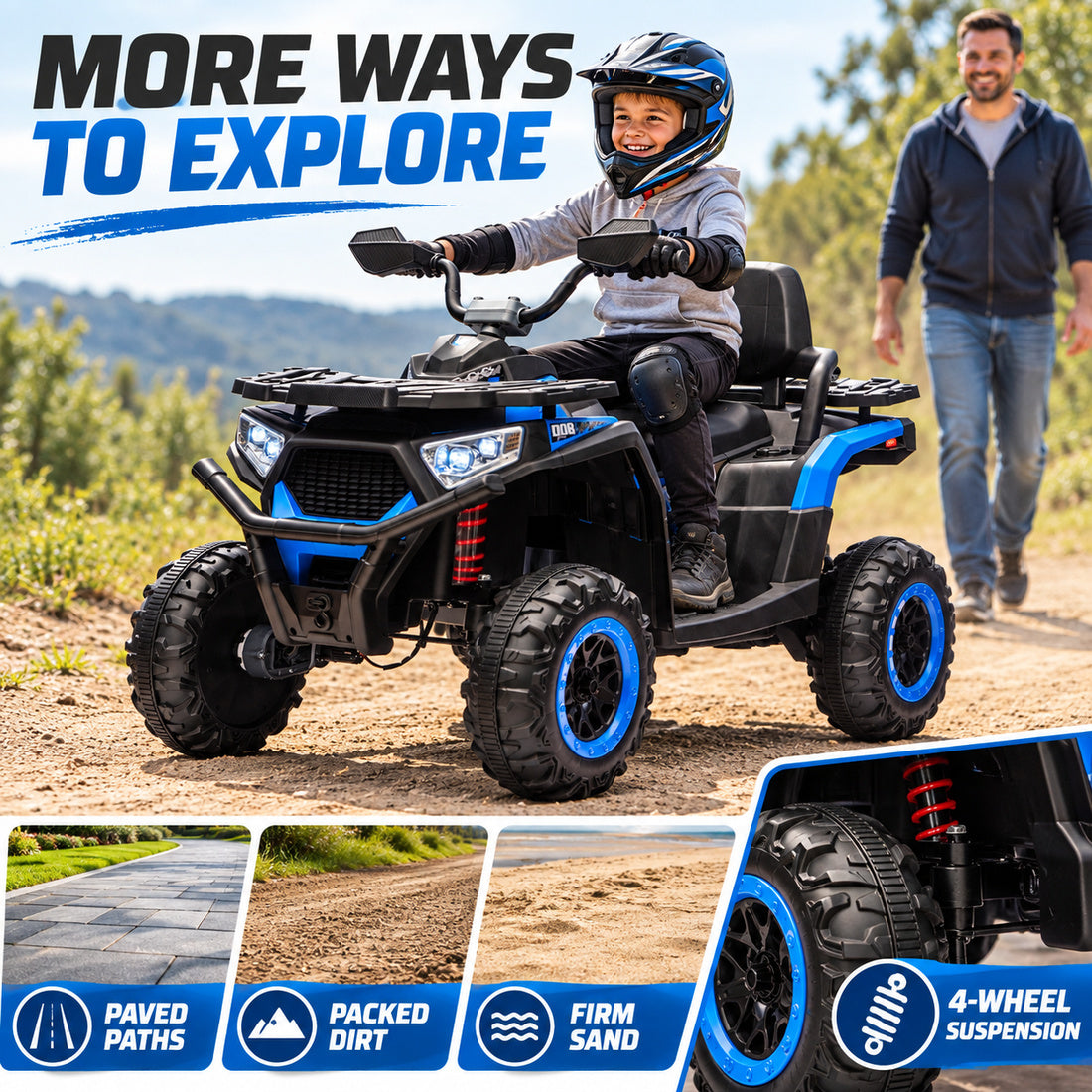 NEL007X ride-on ATV in Blue – riding on paved paths, packed dirt and firm sand