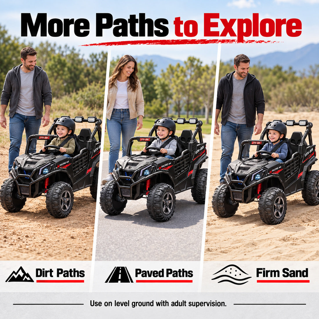 BBH027 ride-on UTV in Black – driving on different terrains