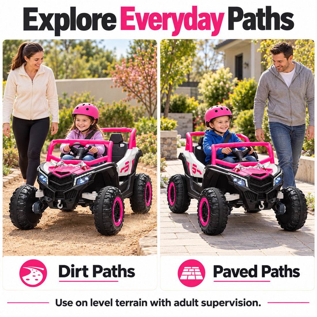 NEL-901A ride-on UTV in Pink – riding on dirt and paved paths