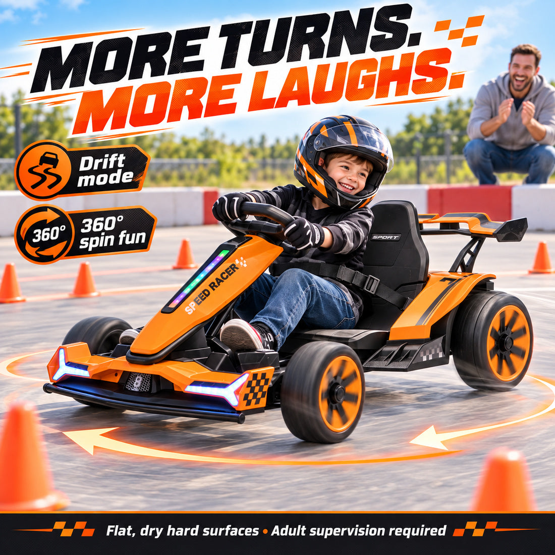 TR2601 drift go-kart in Orange – drift mode and 360° spins on a flat, dry surface