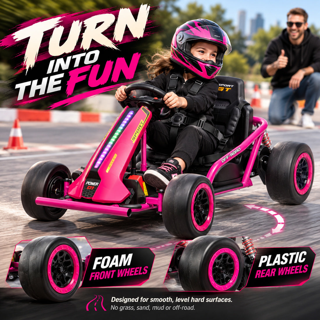 JC020 drift go-kart in Rose – drift mode in action