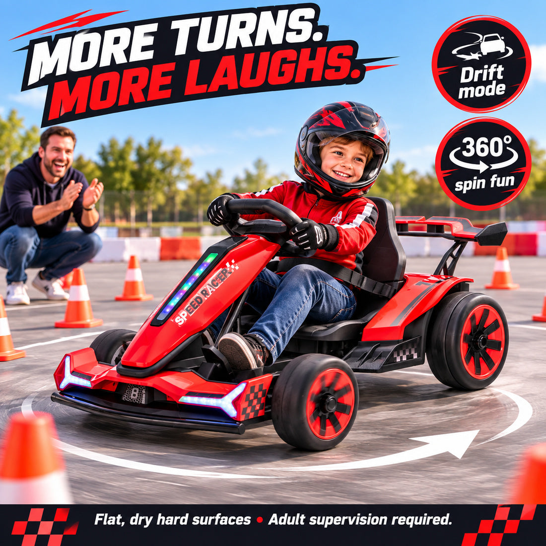 TR2601 drift go-kart in Red – drift mode and 360° spins on a flat, dry surface