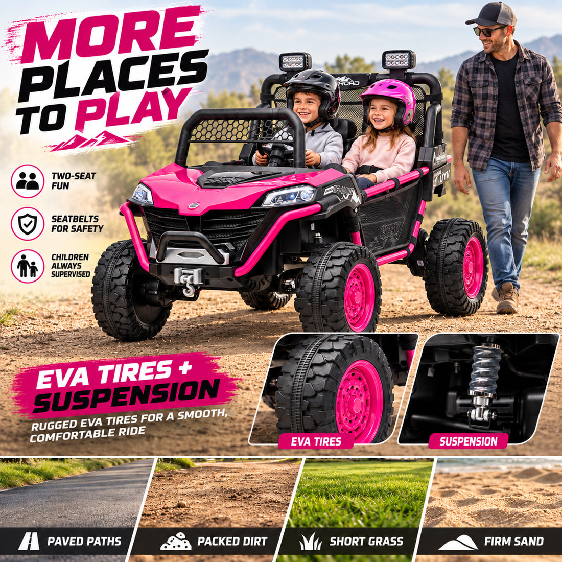 BDQ1218 ride-on UTV in Rose – EVA tires and suspension on different terrains