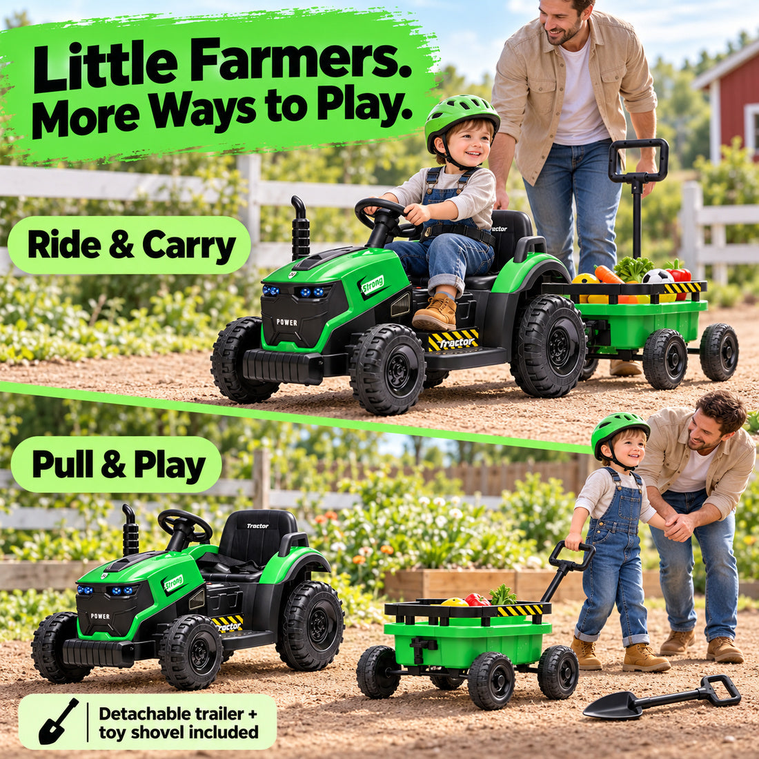 FB319 ride-on tractor in Green – trailer and toy shovel play scene