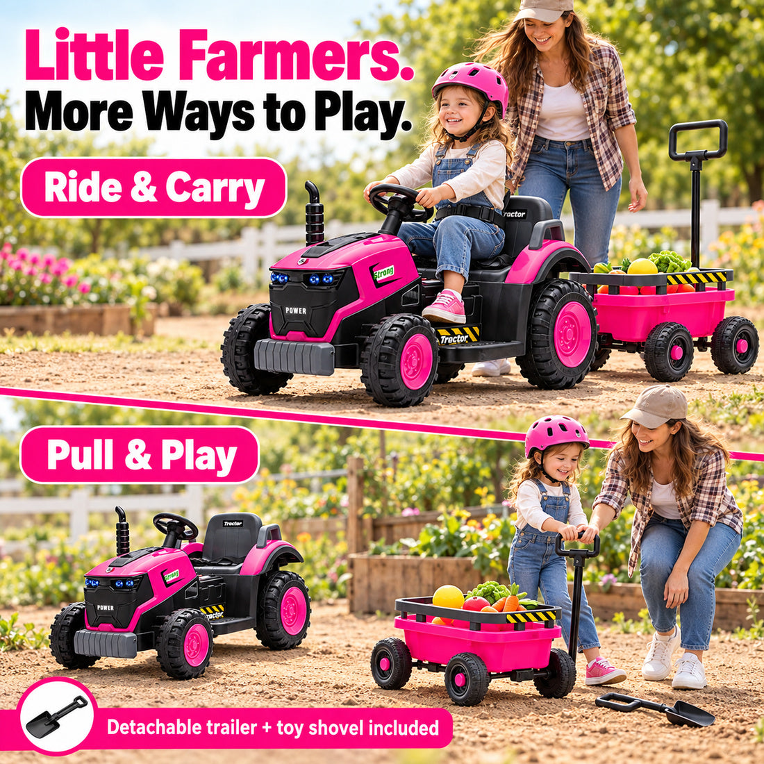 FB319 ride-on tractor in Rose – trailer and toy shovel play scene