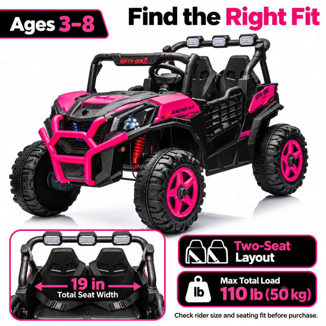 BBH027 ride-on UTV in Pink – recommended ages and dimensions