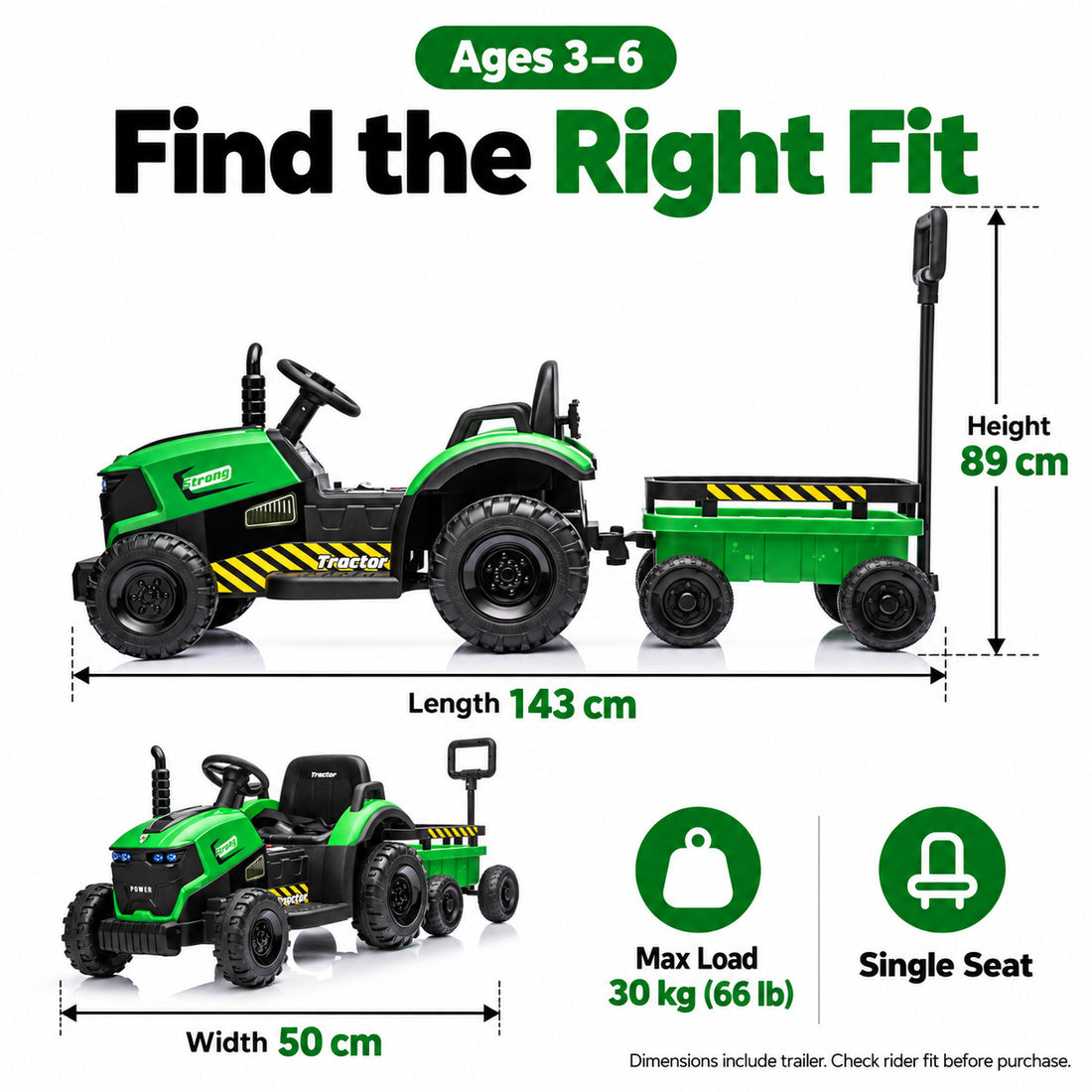 FB319 ride-on tractor in Green – recommended ages and dimensions
