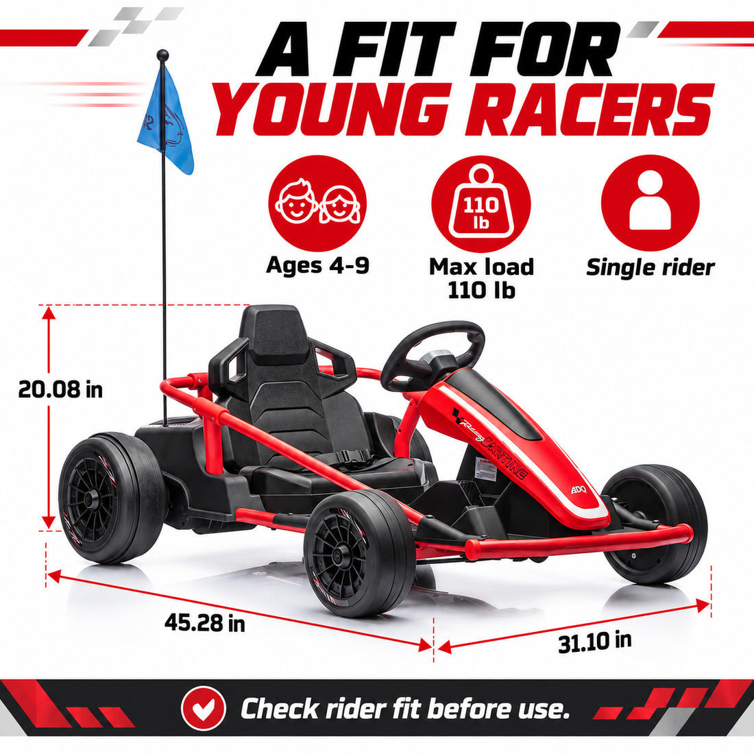 BDQ-6 go-kart in Red – recommended ages and dimensions