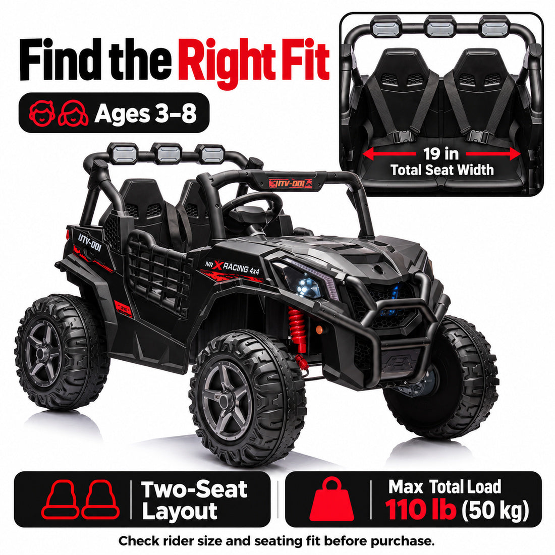 BBH027 ride-on UTV in Black – recommended ages and dimensions
