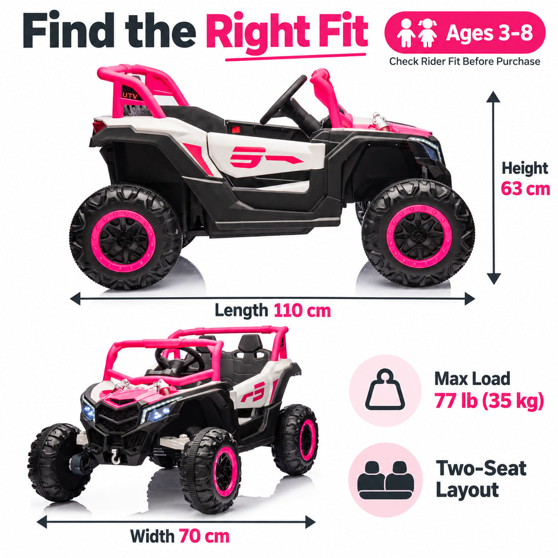 NEL-901A ride-on UTV in Pink – recommended ages, dimensions and two-seat layout