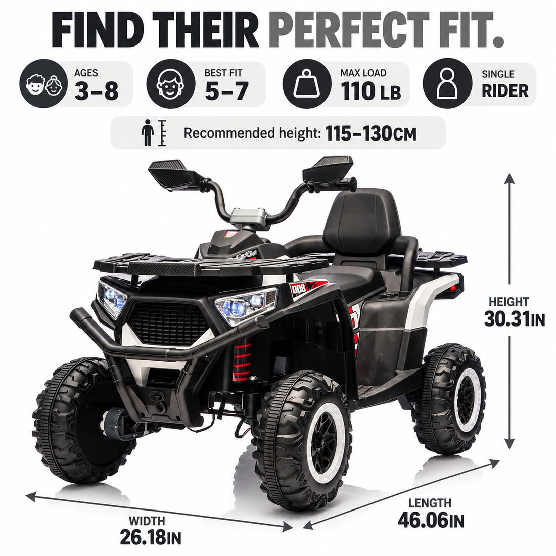 NEL007X ride-on ATV in Black – recommended ages, rider height and dimensions