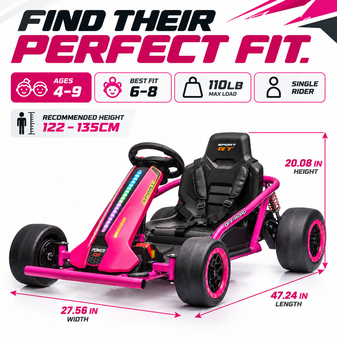 JC020 drift go-kart in Rose – recommended ages and dimensions