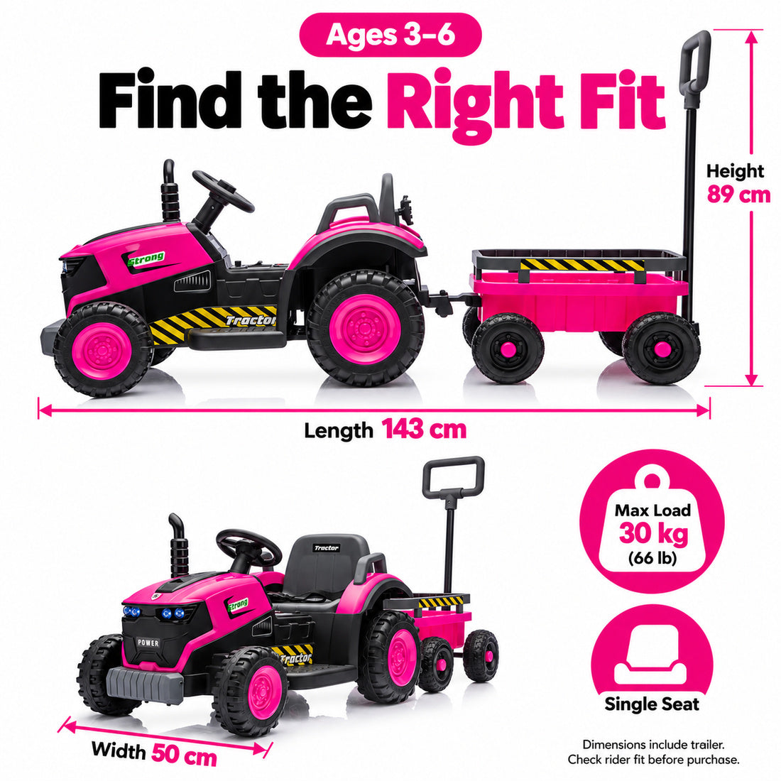 FB319 ride-on tractor in Rose – recommended ages and dimensions