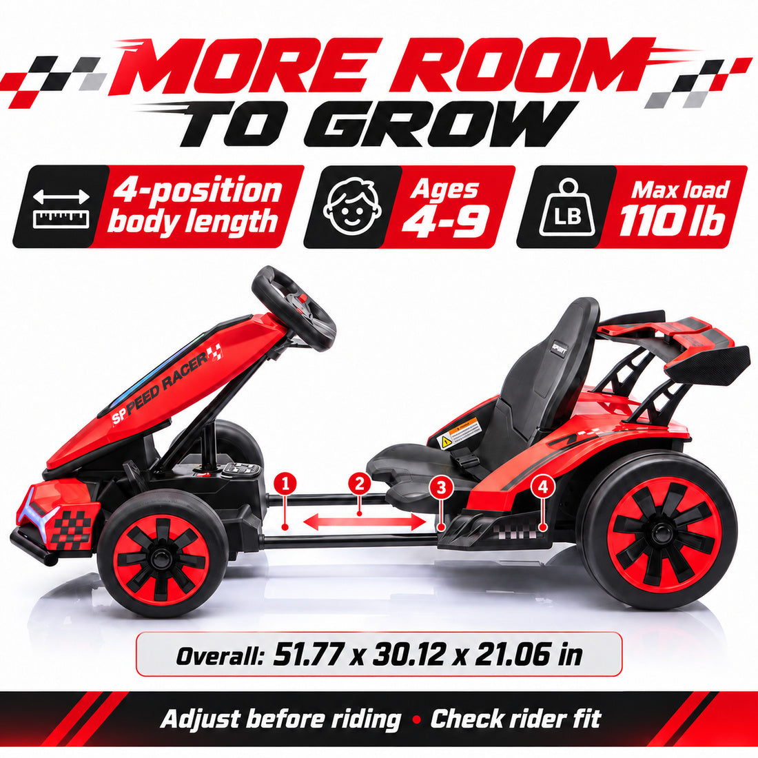 TR2601 drift go-kart in Red – 4-position body length for ages 4–9, 110 lb max load
