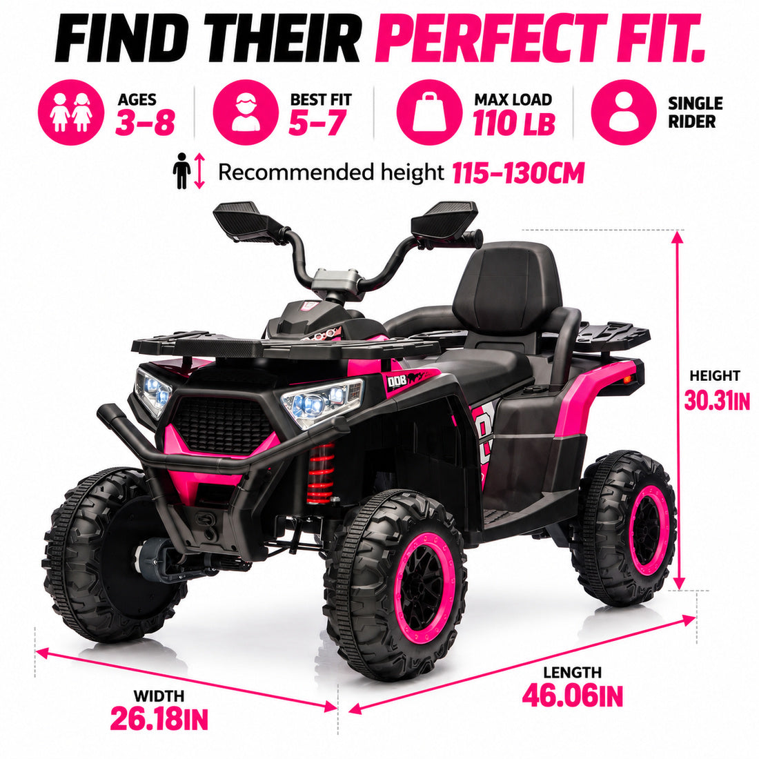 NEL007X ride-on ATV in Pink – recommended ages, rider height and dimensions