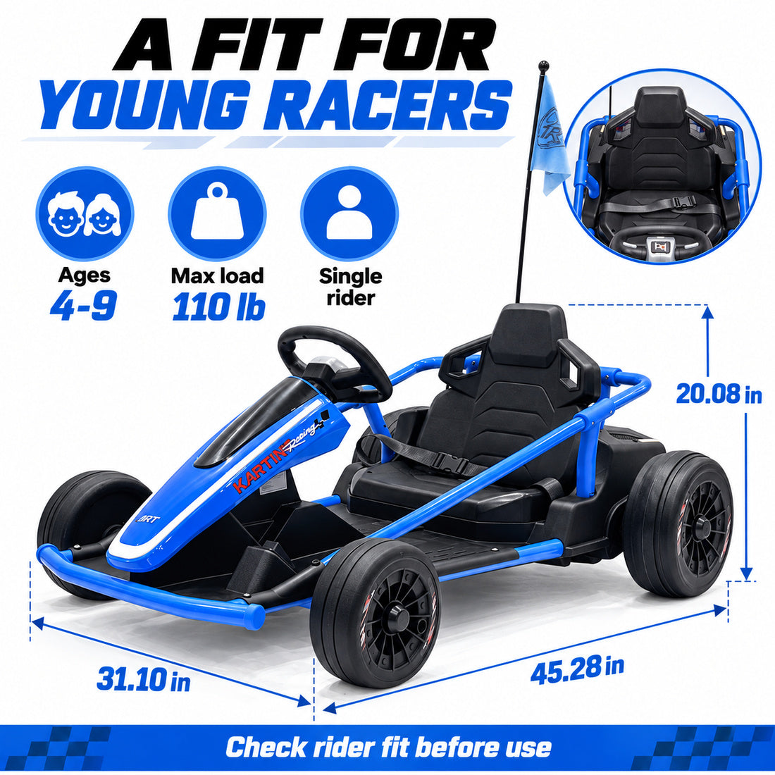 BDQ-6 go-kart in Blue – recommended ages and dimensions