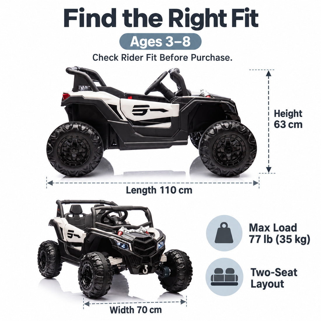 NEL-901A ride-on UTV in Grey White – recommended ages and dimensions