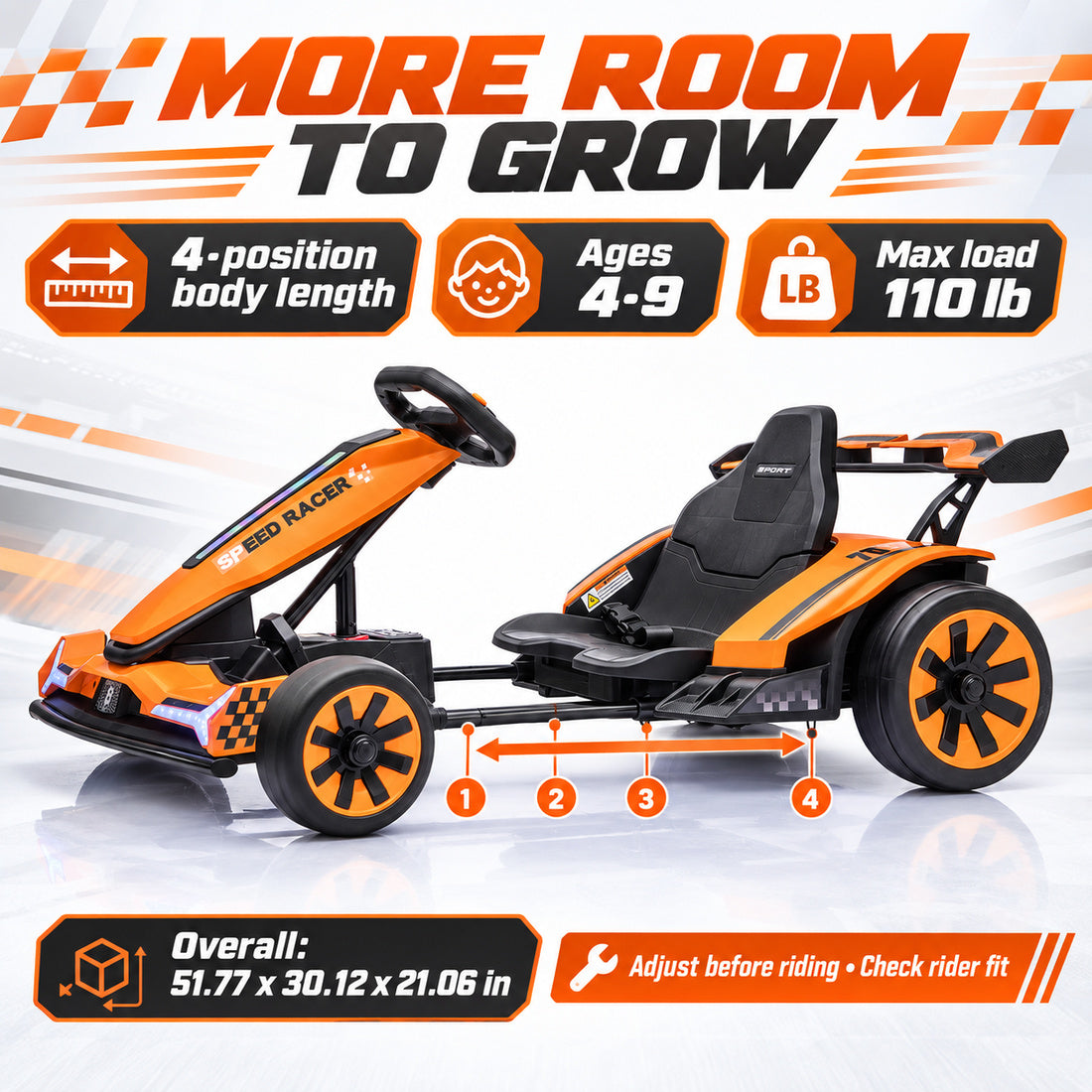 TR2601 drift go-kart in Orange – 4-position body length for ages 4–9, 110 lb max load