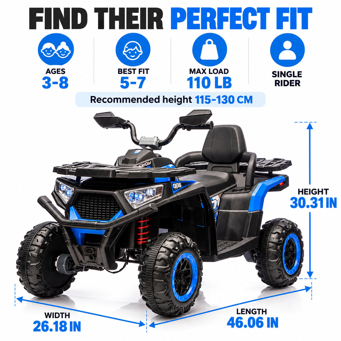 NEL007X ride-on ATV in Blue – recommended ages, rider height and dimensions