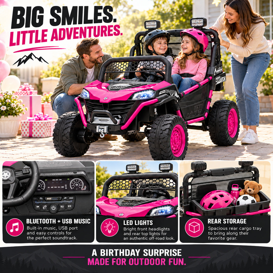 BDQ1218 ride-on UTV in Rose – birthday scene with music, lights and rear storage