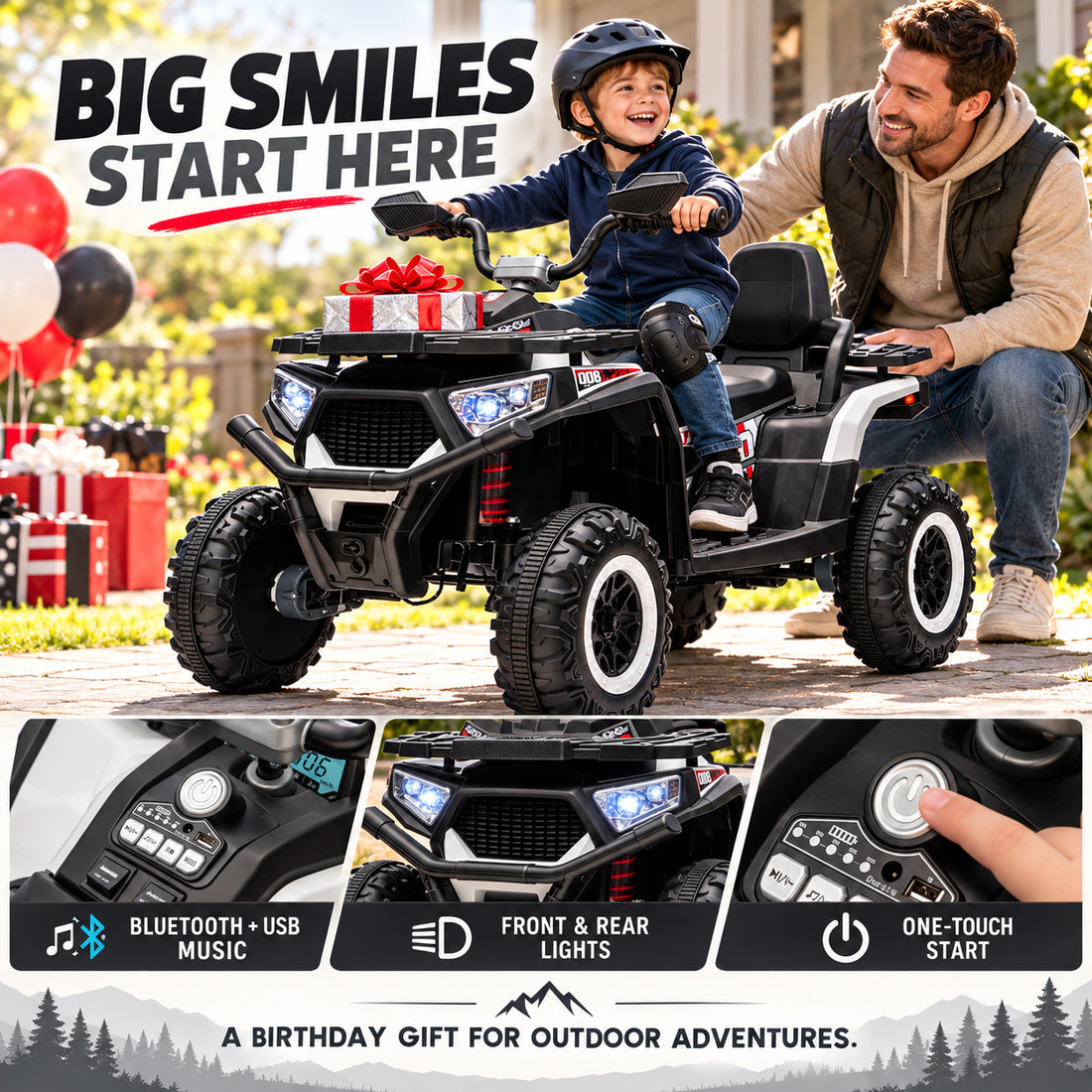 NEL007X ride-on ATV in Black – birthday scene with music, lights and start controls