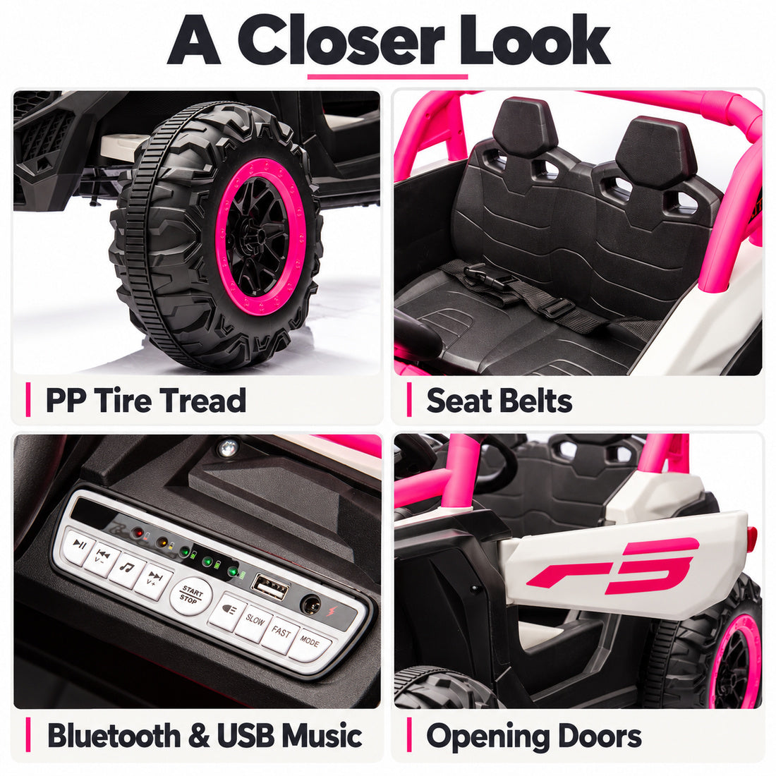 NEL-901A ride-on UTV in Pink – tire tread, seat belts, music controls and opening doors