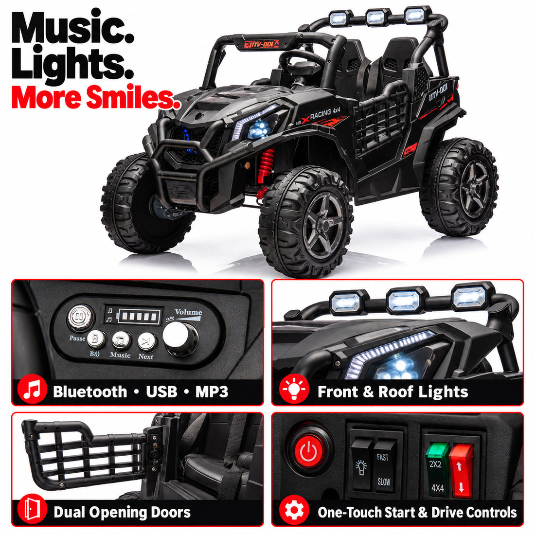 BBH027 ride-on UTV in Black – music, lights and controls