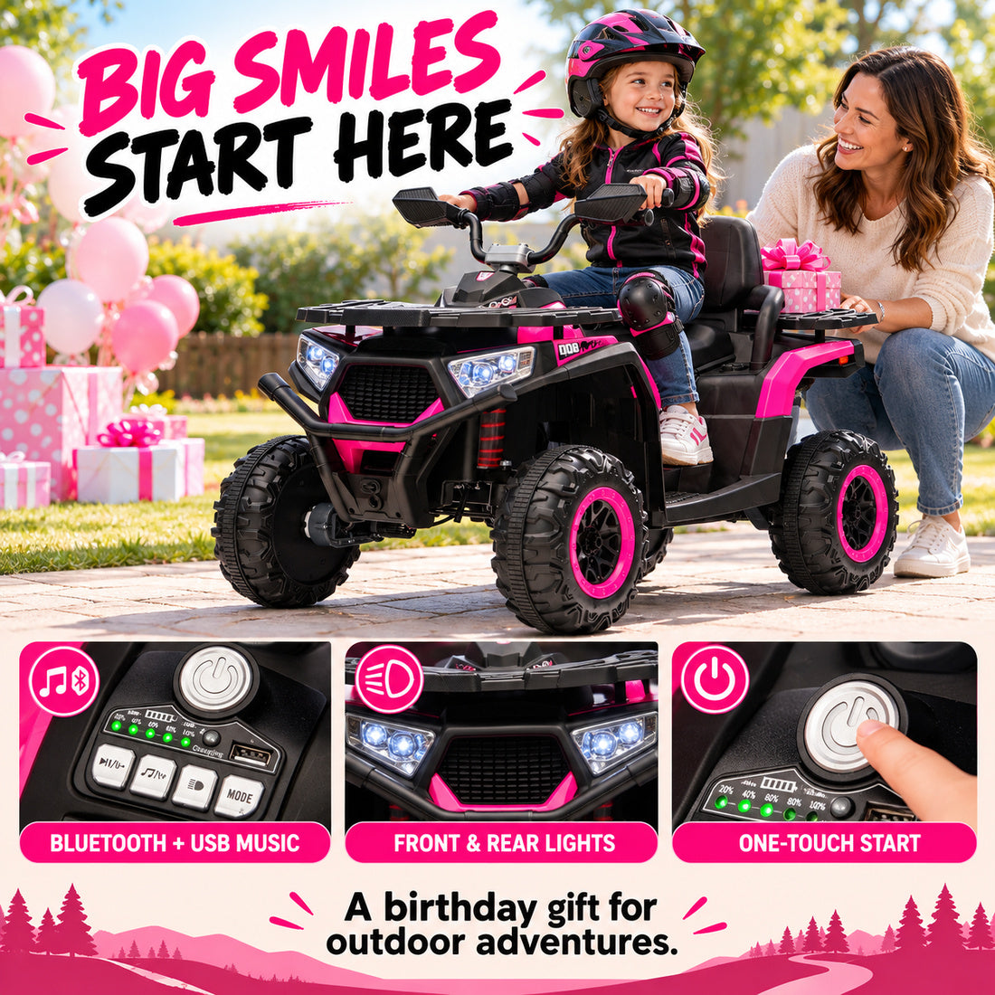 NEL007X ride-on ATV in Pink – birthday scene with music, lights and start controls