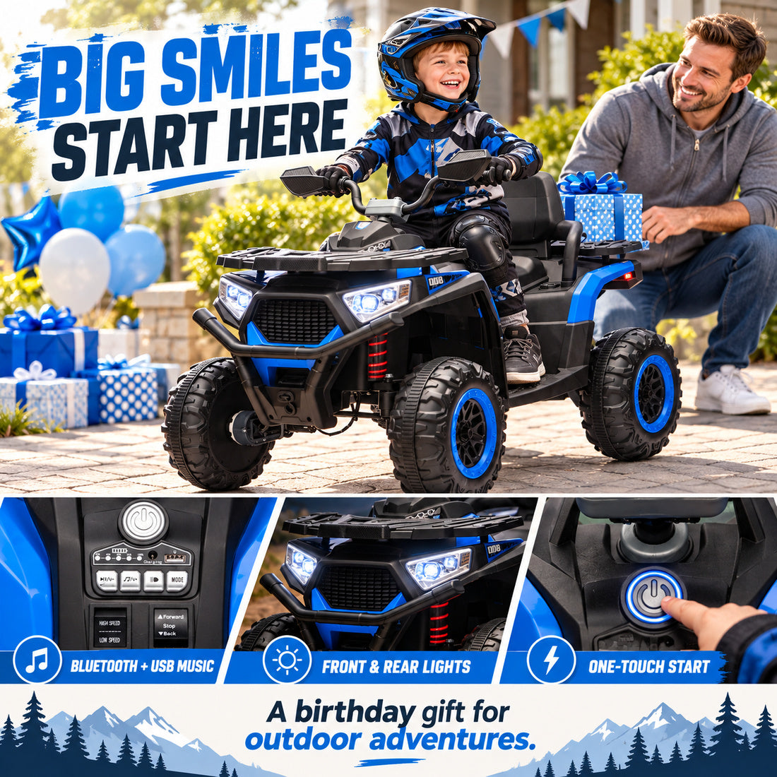 NEL007X ride-on ATV in Blue – birthday scene with music, lights and start controls
