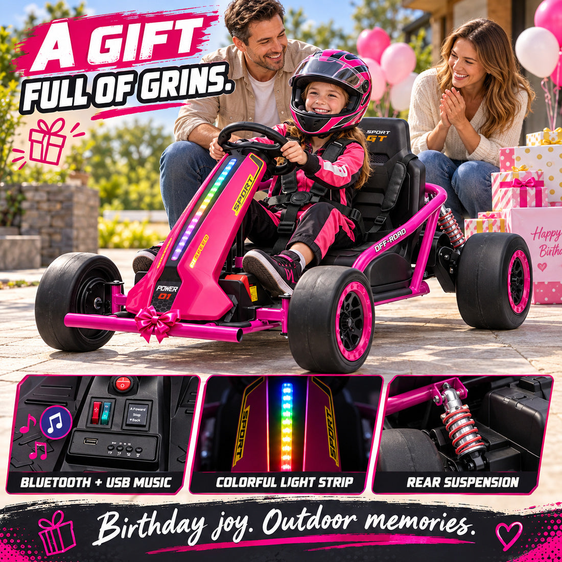 JC020 drift go-kart in Rose – birthday gift and feature details