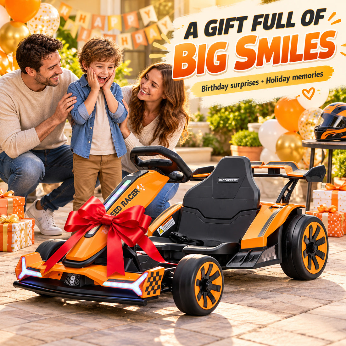 TR2601 drift go-kart in Orange – birthday gift surprise with a big bow