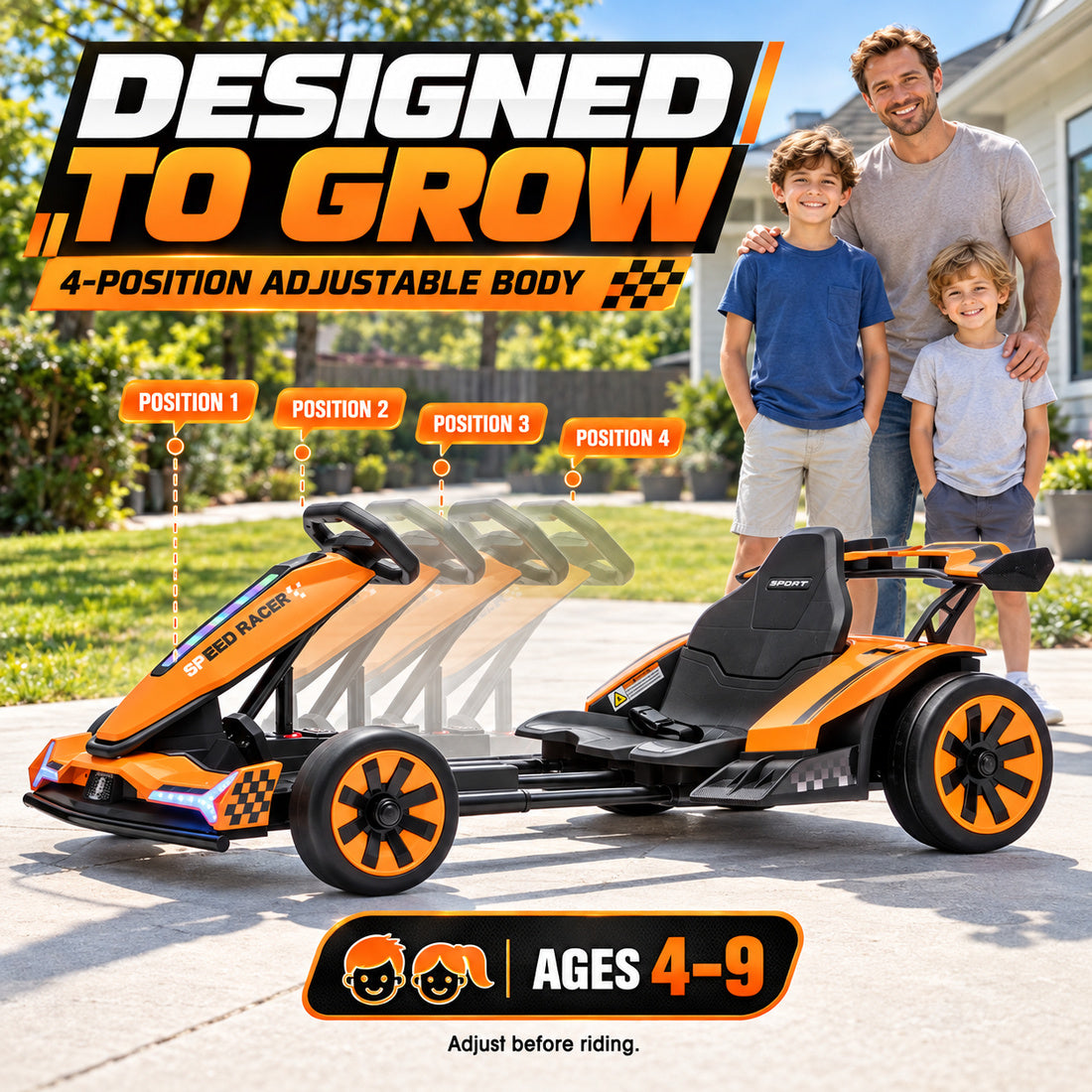 TR2601 drift go-kart in Orange – 4-position adjustable frame grows with your child
