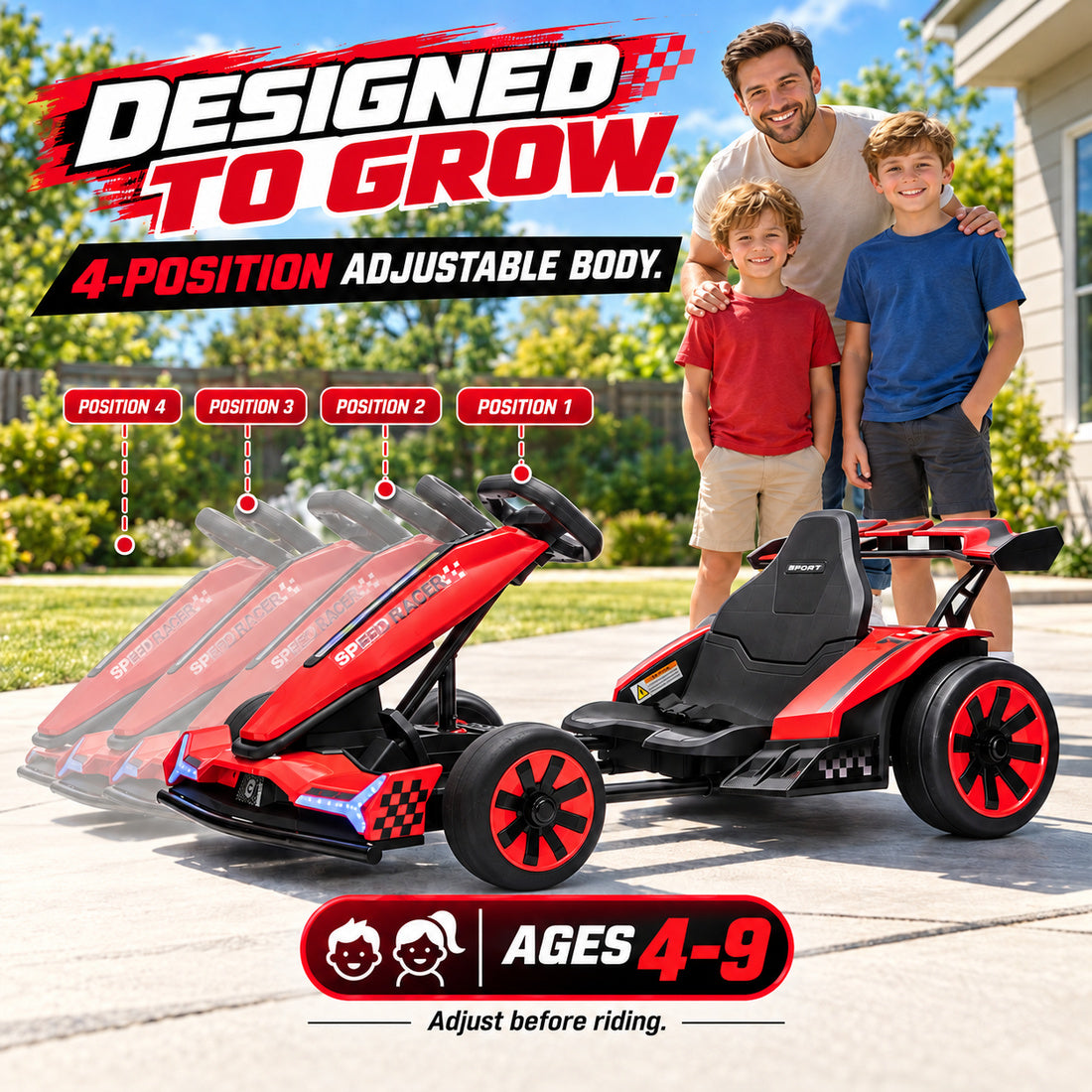 TR2601 drift go-kart in Red – 4-position adjustable frame grows with your child