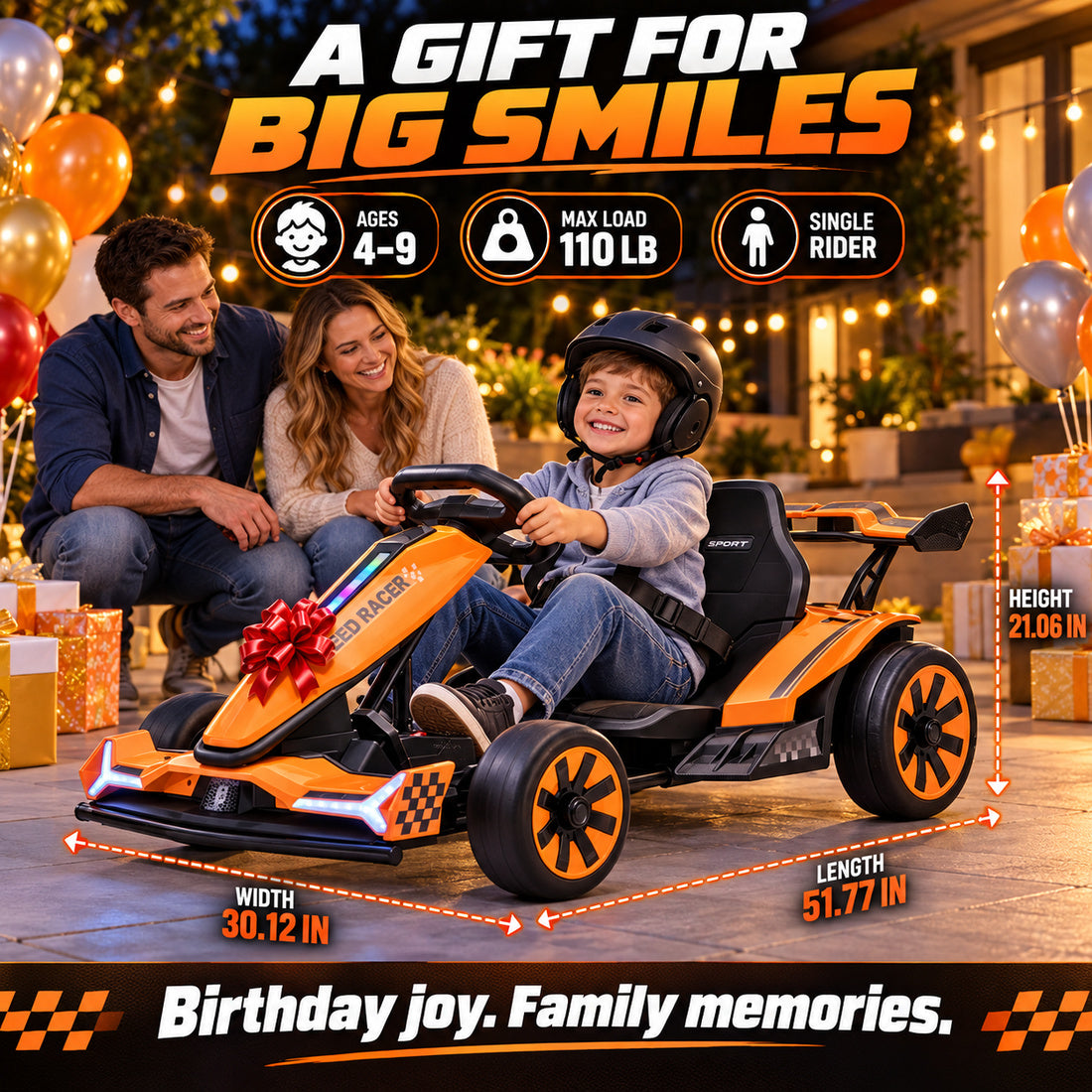TR2601 drift go-kart in Orange – birthday gift size guide, 51.77 × 30.12 × 21.06 in